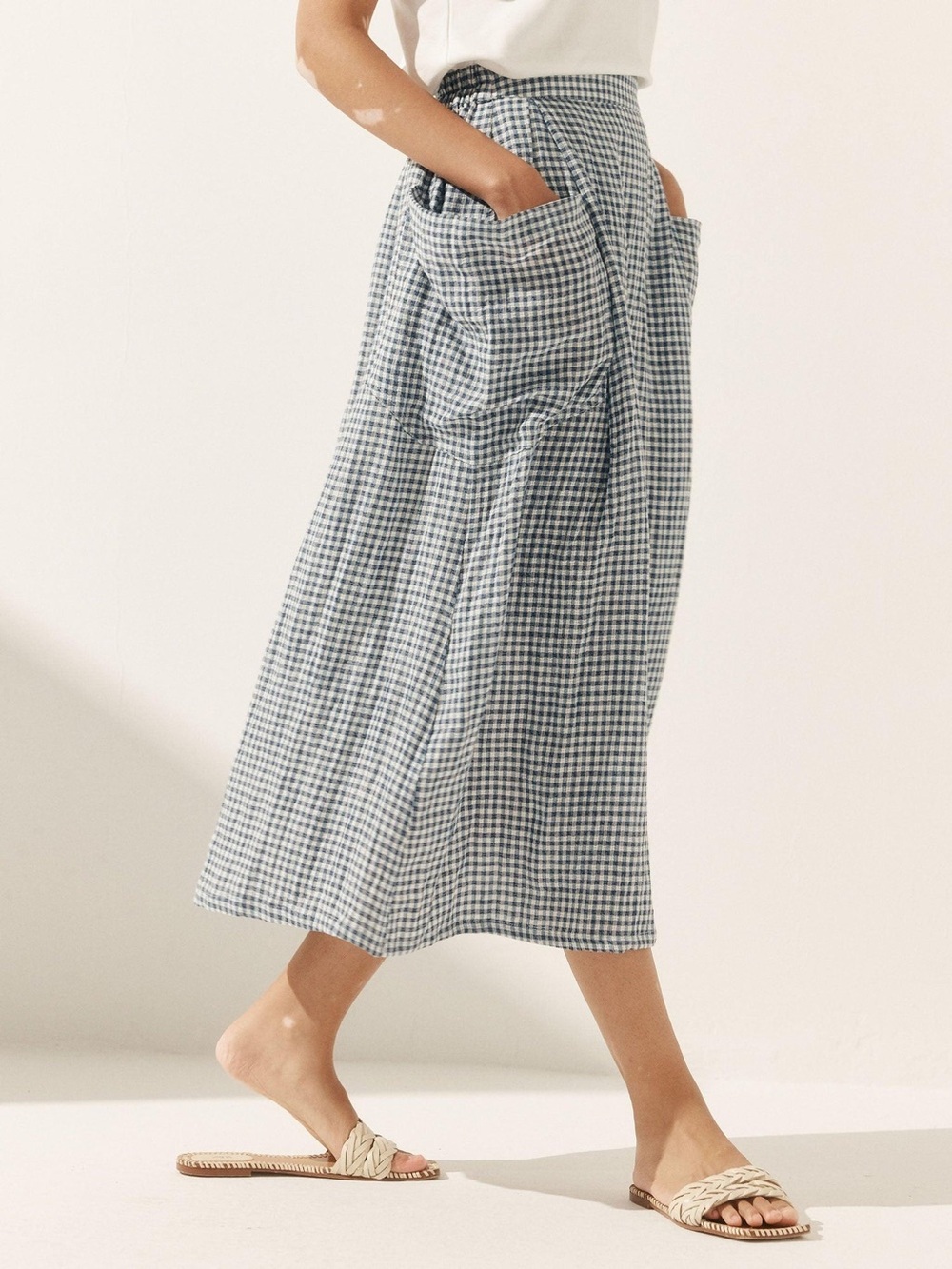 Lintico Marina Linen Checked Elastic Waist dusty blue minimalist utility skirt - Picture 3 of 10